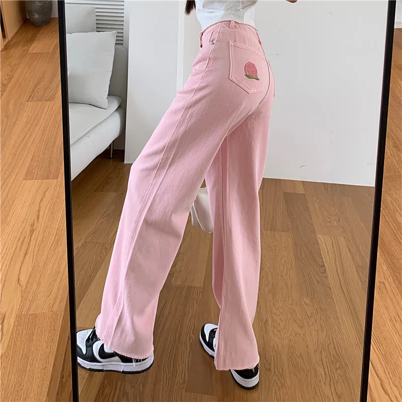 Sweet Pink Jeans Women High Waist Cute Embroidery Peach Denim Trousers  Female Simple Straight Baggy Chic Designer Tender Teens