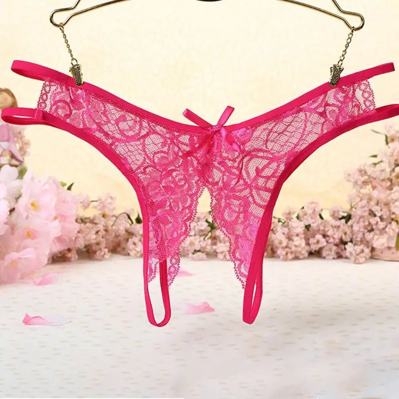 

Womens Temptation Open Crotch Underwear Lingerie Low Rise Sheer Floral Lace Bowknot G-String Jacquard Solid Color Thongs Panties