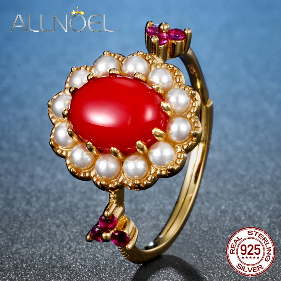 ALLNOEL, Винтажный дизайн, кораллово- красное кольцо, 925 пробы, серебряные кольца для женщин, настоящая Золотая раковина, жемчуг, настоящее свадебное ювелирное изделие