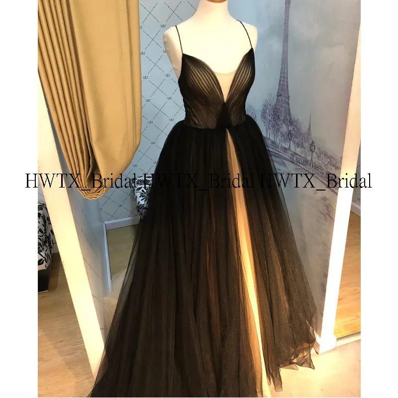 HWTX_Bridal черное Тюлевое платье для выпускного вечера с бретельками-спагетти элегантное ТРАПЕЦИЕВИДНОЕ длинное женское вечернее платье по индивидуальному заказу