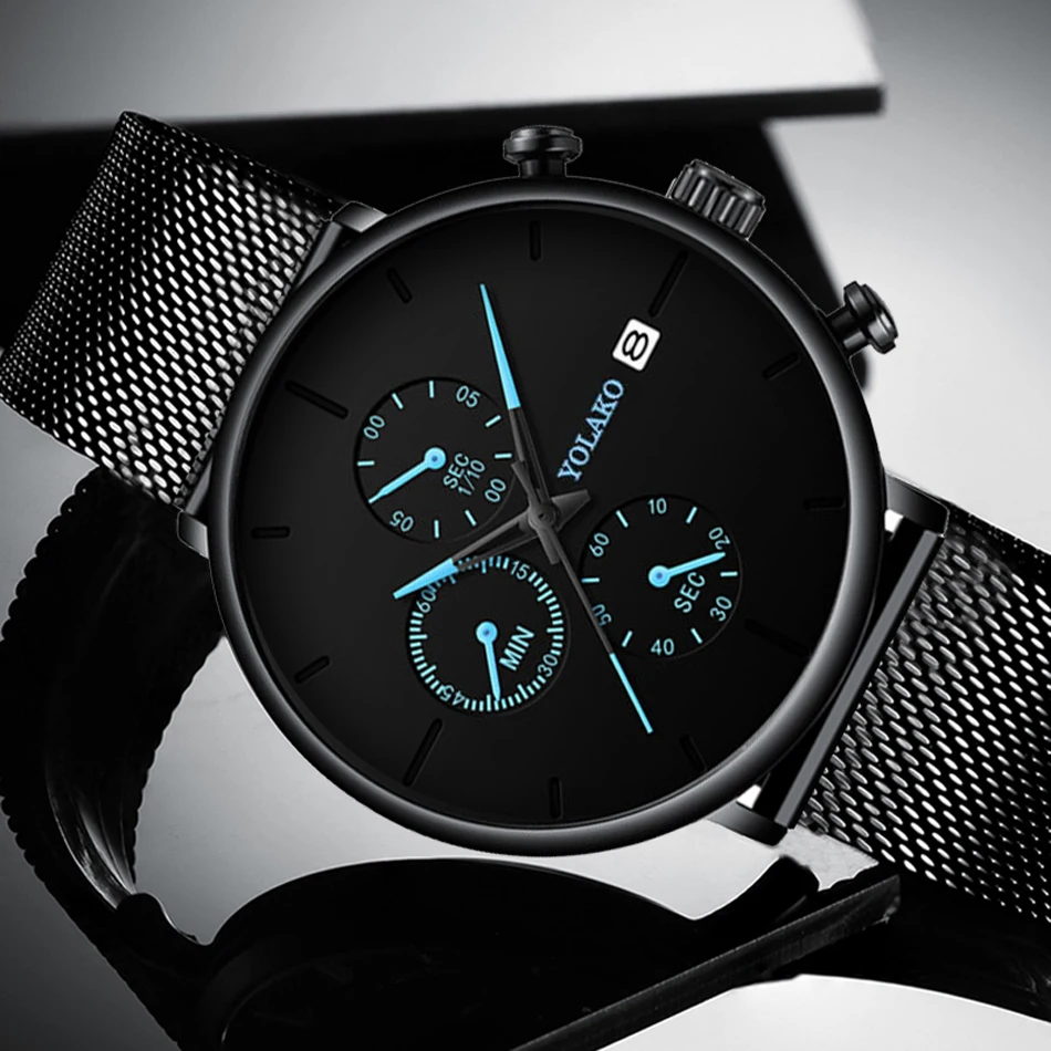 Мужские модные классические черные наручные часы с роскошным сетчатым ремешком, ультра тонкие часы Relojes Hombre, повседневные деловые кварцевые часы с календарем
