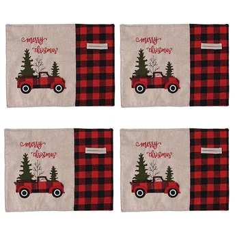 

New-4Pcs Christmas Placemat Non Slip Heat Resistant Plaid Table Mat Desktop Decoration Placemat