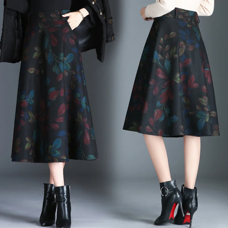 

Skirt Women's Autumn And Winter New Style High-waisted Mid-length Slimming Woolen Large Size Pleated Big Hemline Printed Dress