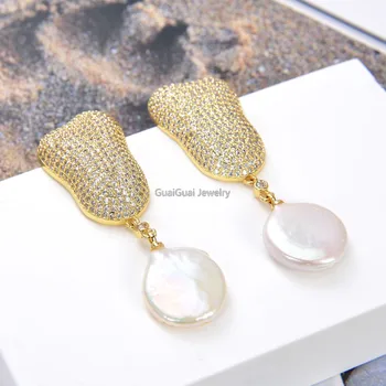

GuaiGuai Jewelry White Coin Pearl Yellow Golden Plated Clear Cz Micro Pave Drop Earrings