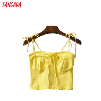 

Tangada Women yellow white Tops Sexy strethy Tanks Strappy Backless Camisole Short Tops 2020 Summer Camis 2A09