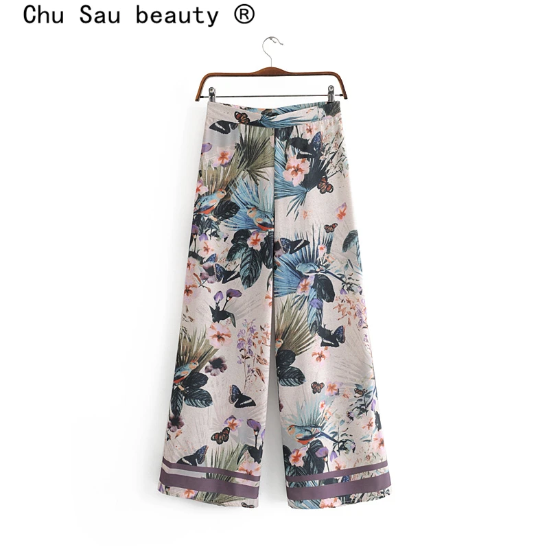 Брюки женские с широкими штанинами модные повседневные штаны цветочным принтом