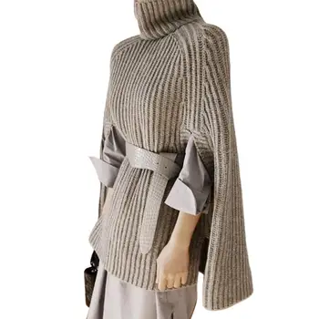 

Stylish Women Solid Color Turtle Neck Side Holes Loose Cloak Knitted Sweater Womens turtleneck