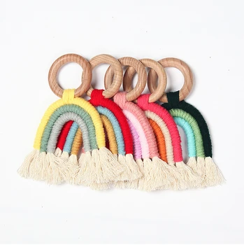 

Rainbow Newborn Baby Teether Crochet Wood Ring Baby Pacifier Teething Toy Natural Cotton Teething Toy Gender Neutral Baby Toy