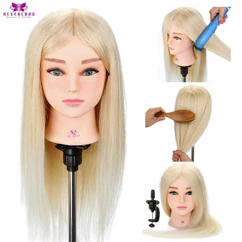 

22'' 100% Real Animal Hair Hairdressing Training Head for Barber White Hair Curling Practice Dummy Doll Mannequin Head+ Gift