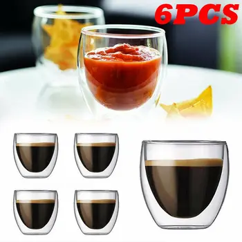 

HOT 6Pcs 80mL Double-layer Heat Resistant Transparent Glass Cup Office Coffee Tea Whiskey Wine Mug With Handle Drinkware