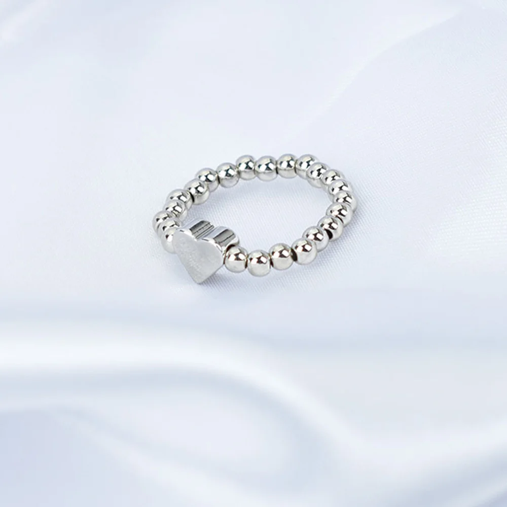 Korean Gold Color Bead Heart Rings For Women Handmade Elastic Ring Simple Adjustable Jewelry Wedding Party Gift