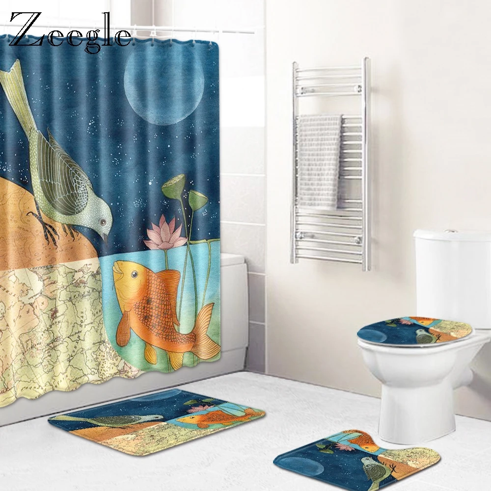 Zeegle Waterproof Bathroom Curtain Non-slip Toilet Cover Seat Mat Absorbent Toilet Pedestal Rug Soft Foot Mat Shower Curtain Set
