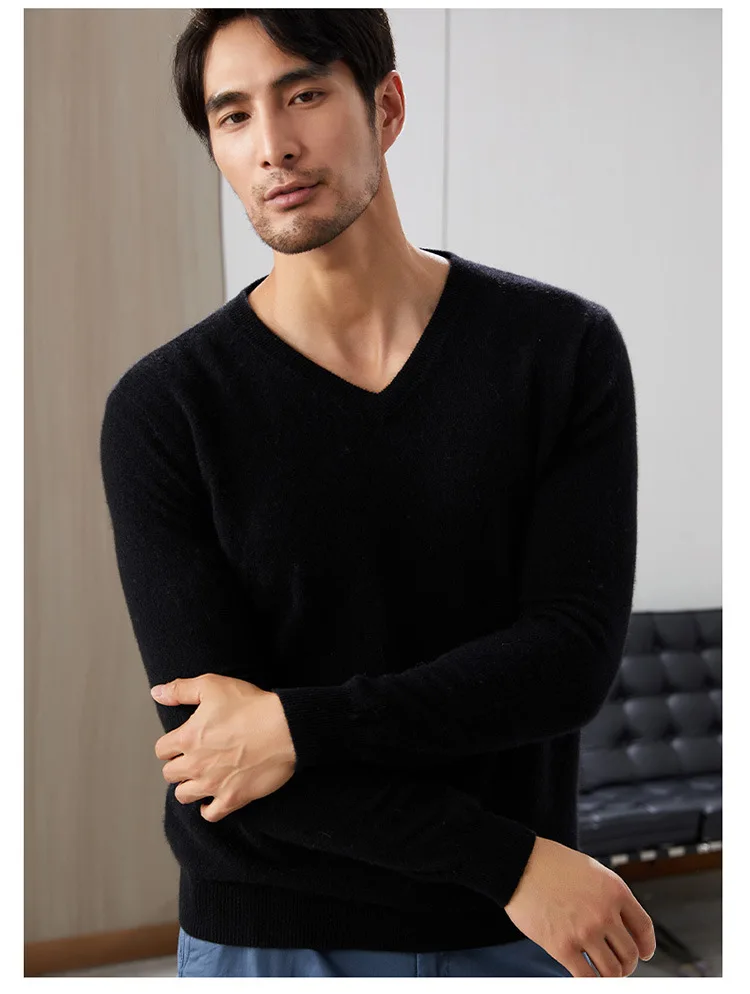 Autumn And Winter New Men's Cashmere Sweater V-neck Pullover Sweater 100% Wool Sweater Loose Casual Bottoming turtleneck sweater men