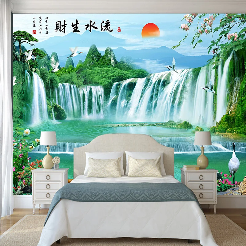 

3DCustomized mural wallpaper large Chinese style landscape with waterfall Chinese language behind sofa as background in room