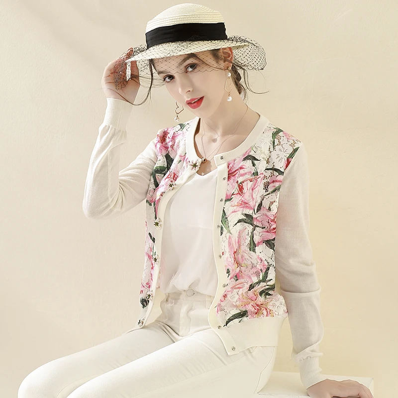 

VERDEJULIAY Runway Wool Sweater 2020 Autumn Sping Women High Quality Lace Patchwrok Lily Flower Print Button Sweety Top Sweater