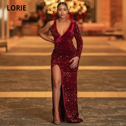 LORIE Burgundy Sequined Evening Dresses Mermaid Long Side Split One Shoulder Prom Dresses with Deep V Neck Party Gowns Plus Size