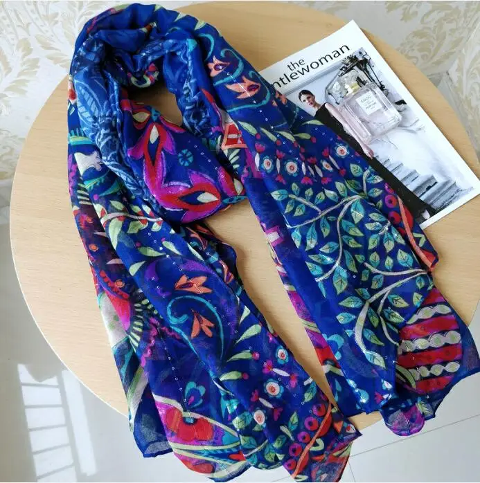 Женский летний шарф испанская Цветочная шаль Дамская набивная шаль - Цвет: Светло-голубой