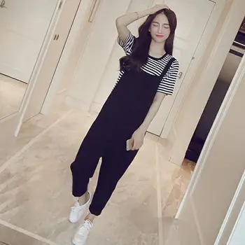 

New Casual Women 2 Pcs/Sets Striped Long Sleeve Knitted Shirt + Casual Jumpsuit Two Piece Lady Girls Fashion Pants Suits