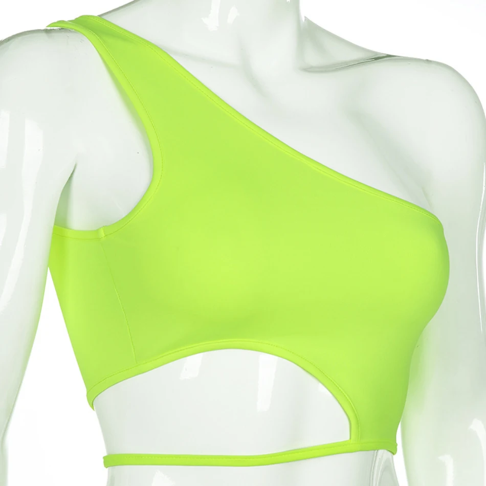 Новинка лета, camiseta mujer, тянущиеся тонкие мягкие топы на бретелях, женские дизайнерские короткие футболки на одно плечо, неоновый цвет, сексуальные укороченные топы для женщин