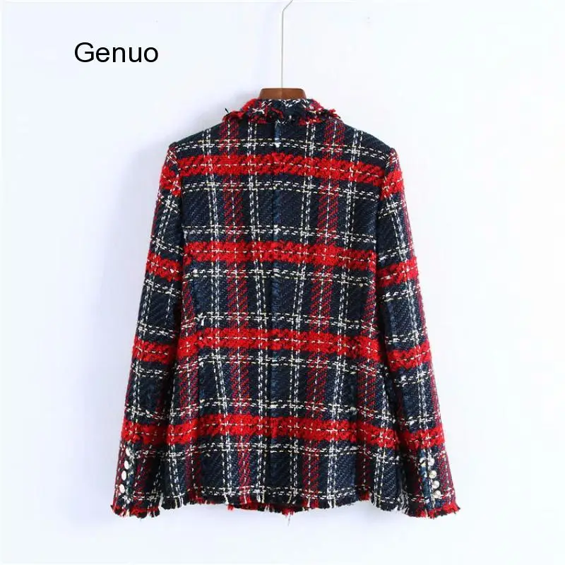 2020 Women Vintage Tweed Red Plaid Blazer Double Breasted Tassel Suit Soft Wool Office Jacket Coat Spring Autumn Lady Outerwear
