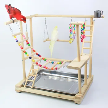 

Wooden board ladder bird game rack toy cup parrot game rack with feeder including tray bird feeder MJ62903