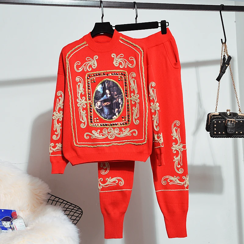 Осенне-зимний Повседневный шикарный красный спортивный костюм из двух предметов, вязаный комплект, свитер с вышивкой+ Вязаные длинные штаны-шаровары, женский свободный костюм из 2 предметов