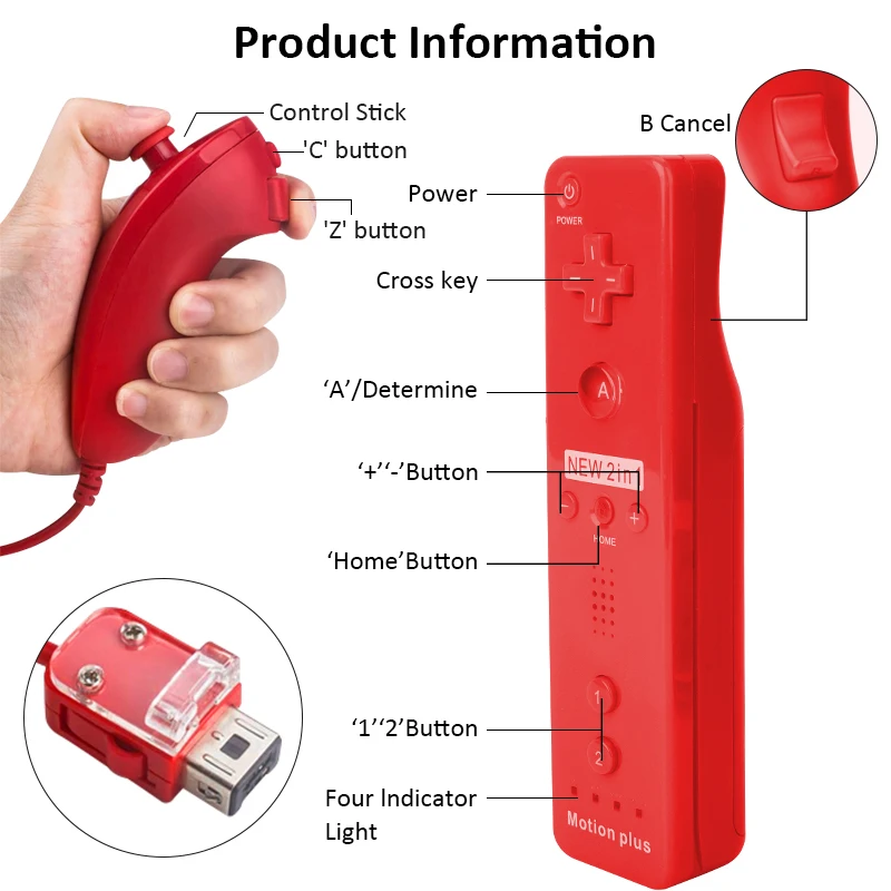 2 in 1 Wireless Remote Controller for Nunchuk Nintendo Wii Built-in Motion Plus Gamepad with Motion Sensor Silicone Case