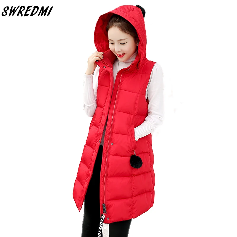 

SWREDMI Women Winter Vest Warm Long Cotton Waistcoat Casual Sleeveless Hooded Parka Femme Coat Vest Plus Size M-4XL Women's Vest