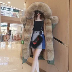 Winter 2021, female long coat, warm long black waterproof park with movable natural fox fur