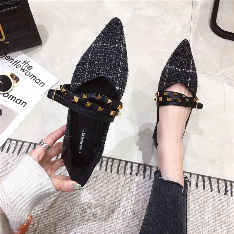 

Mules Double Metal Rivets Band Flats Woman Pointed Toe Patchwork Plaid Mary Janes Shoes Women Espadrilles Stud Buckle Belt