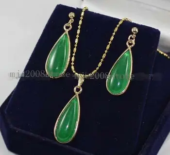 

Hand Inlay Natural Green Jade Necklace Pendant earrings Set AAA
