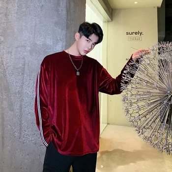 

Men Long Sleeve Stripe Splice Loose O-neck Velvet T Shirt Male Women Streetwear Hip Hop Fashion Bottom Tshirt Tees Shirts