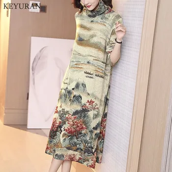 

Vintage Printed Knit Split Dress 2020 Fall Winter New Women Long Knitted Pullover Sweater Dresses Plus Size Loose Elegant Femme