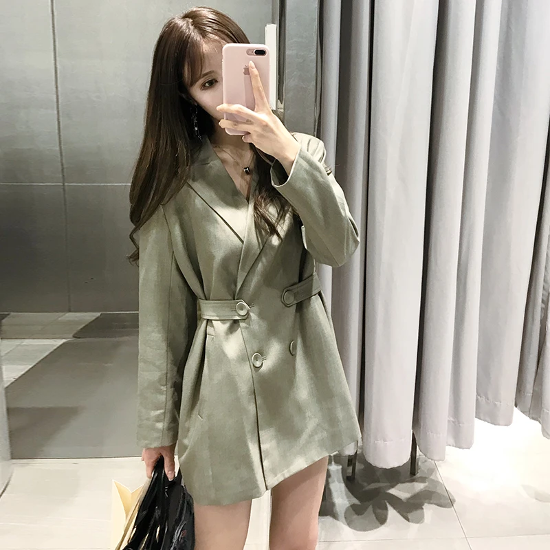 celadon Хороший тренд, новая летняя модная женская одежда, тонкий Зубчатый воротник, длинные рукава, пояс на одной пуговице, Блейзер, WG17517L - Цвет: celadon