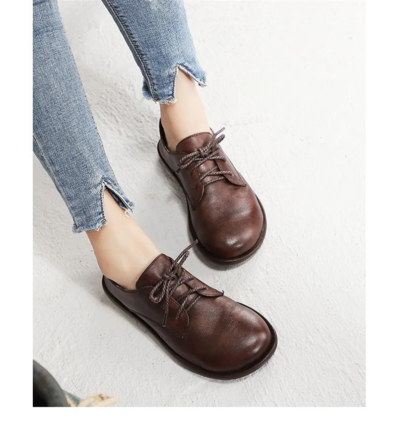 New British Women Flats Round Toe Genuine Leather Oxford Shoes For Woman Casual Loafer Lace Up Handmade Oxford Female Shoes Flat (9)