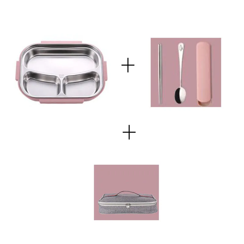 3 pink-flatware-bag Ланч-бокс 304 из нержавеющей стали, Ланч-бокс для детей, серый набор сумок, Bento box, герметичная Термосумка для контейнеров с едой в японском стиле - Цвет: 3 pink-flatware-bag