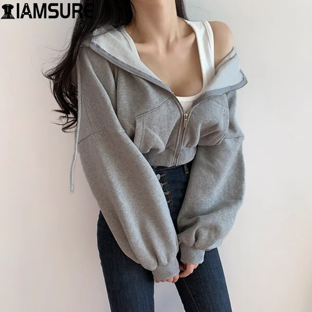 Short Hoodies Women Solid Sweatshirt Tracksuit Long Sleeve Female Crop Top Clothing  1