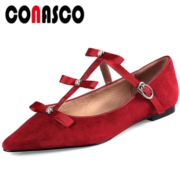 

CONASCO Women Flats Kid Suede Shoes Spring Summer New Sweet Concise Casual T-Tied Butterfly-Knot Pearl Shallow Flats Shoes Woman