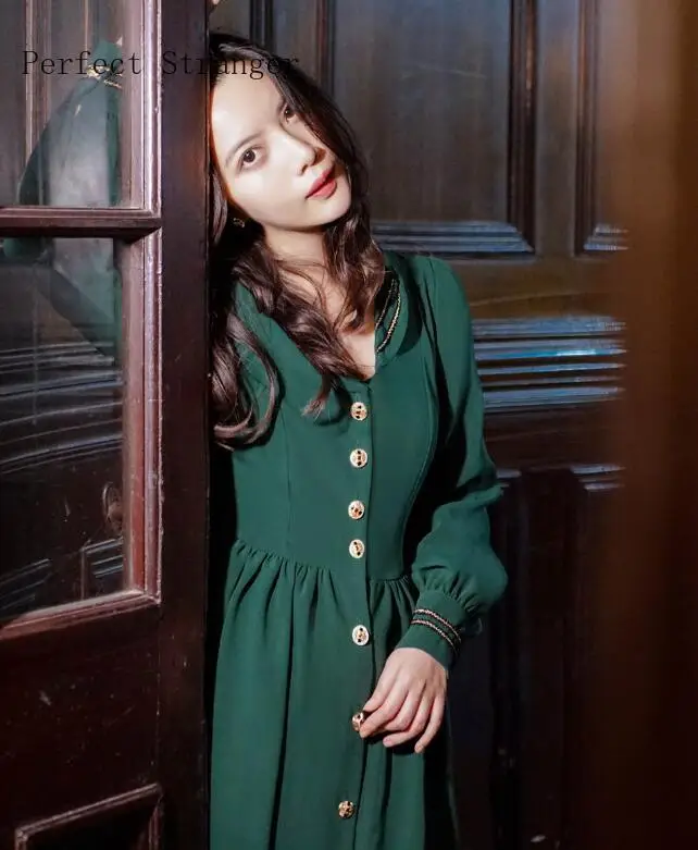 Осень, Новое поступление, Ретро стиль, горячая распродажа, v-образный вырез, длинный рукав, женское длинное платье зеленого цвета