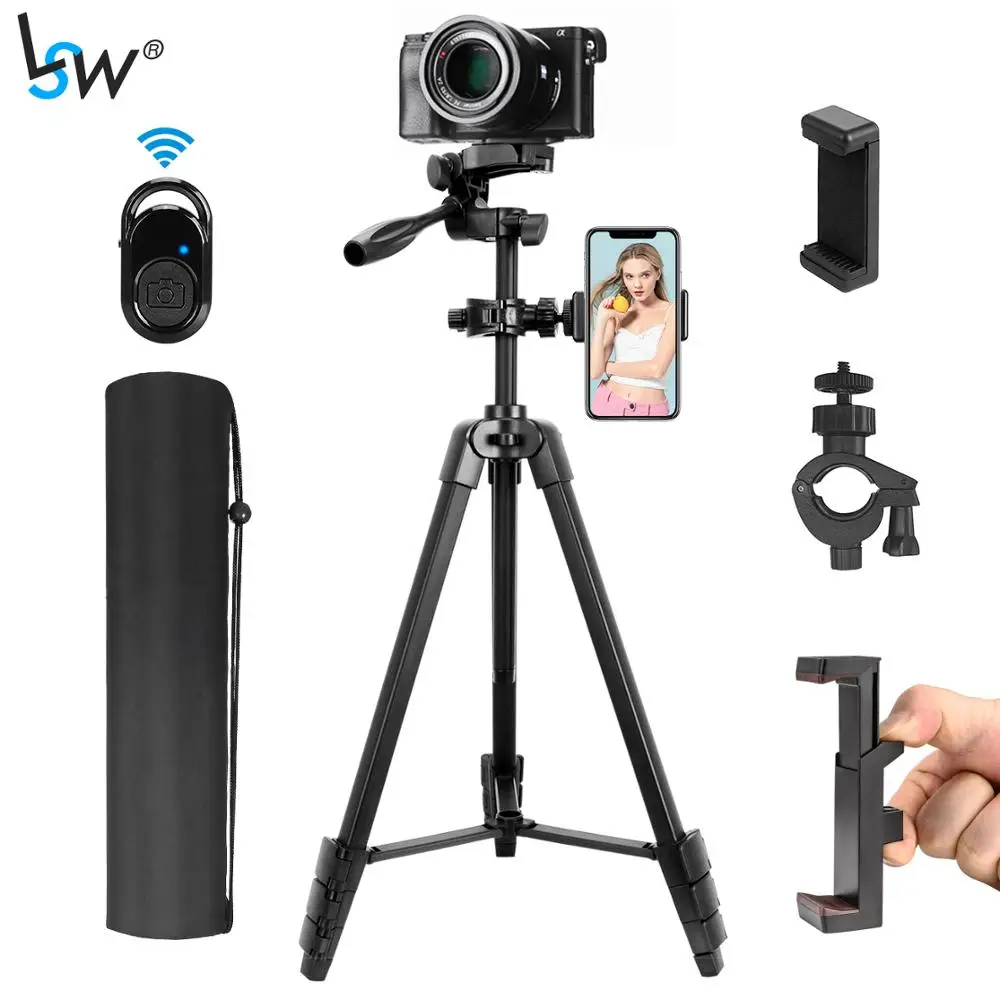 Trípode de teléfono de 55 pulgadas/140cm con 2 soportes de teléfono y Control remoto, trípode ligero para Selfie para teléfono y cámara con bolsa de transporte