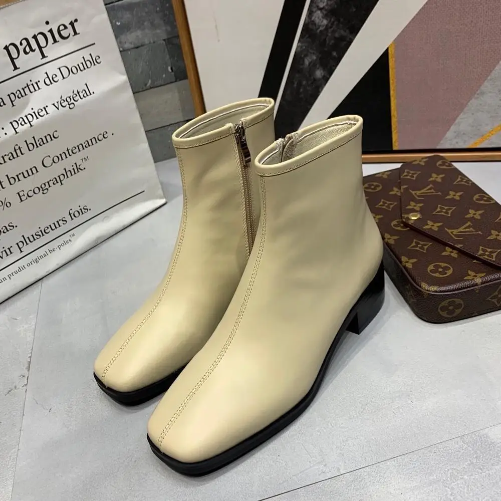 Brand Design Women Ankle Boots Med Heel Square Autumn Winter Square Toe Boots Women Zipper Boots with 3 Colors 4cm Heel Height