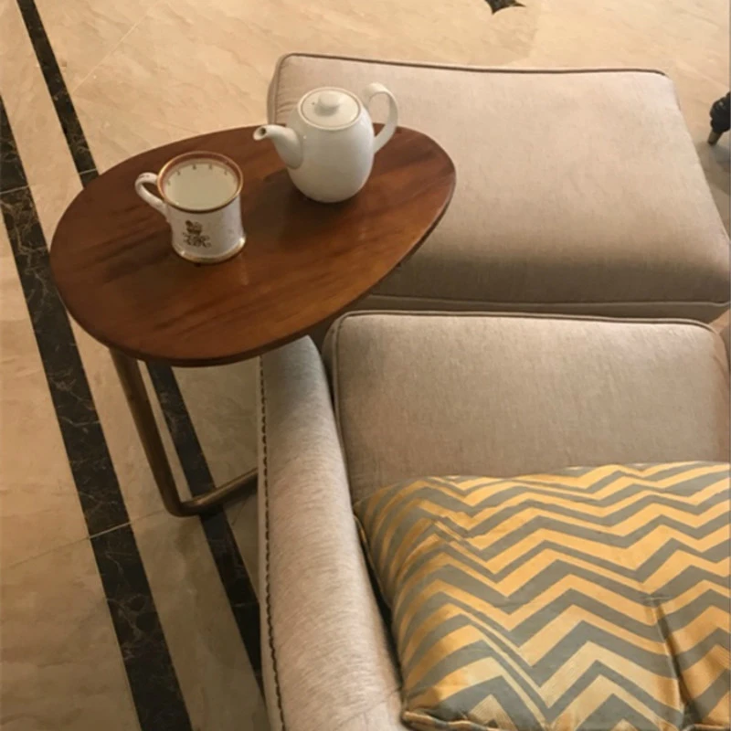

Creative Oval Small Side Table Mobile Wrought Iron Wood Sofa Corner Coffee Table Lazy Bedside Reading Table Simple