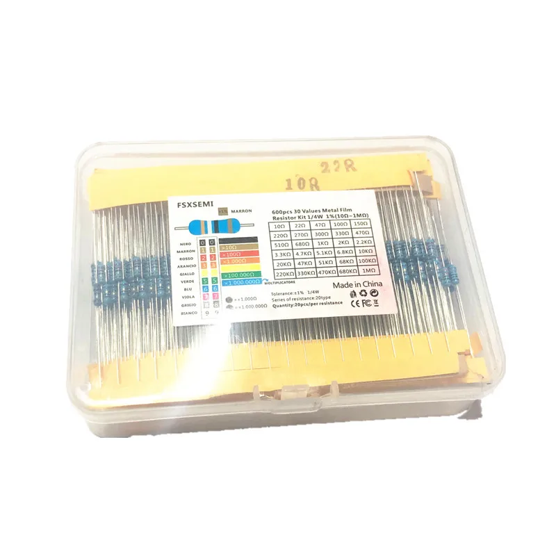 30values=300pcs 600pcs 1/4W  0.25W 1% Metal Film Resistor Assortment Kit Set pack electronic diy kit  (10R~1M) free shipping