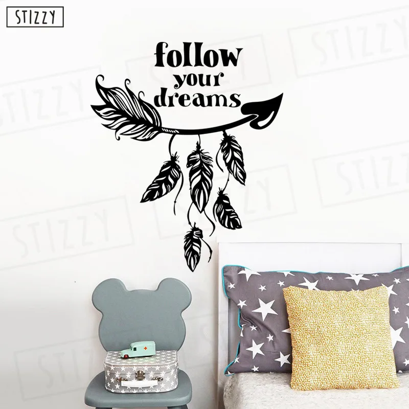 

STIZZY Wall Decal Feather Arrow Vinyl Wall Stickers Quotes Follow Your Dreams Decor For Kids Room Removable Art Mural Poster D30