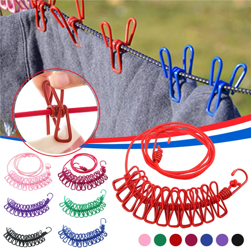 180cm Elastic Outdoor Clothesline Pants Laundry Drying Hanger Rope with 12  Clips Travel Camping Drying Clothes Hanger Rack Line