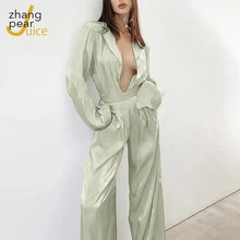 Charming Women Satin Outfits New Arrivals Lapel Solid Casual Shirt + Wide Leg Pants Two Pieces Party Clubwear Sets