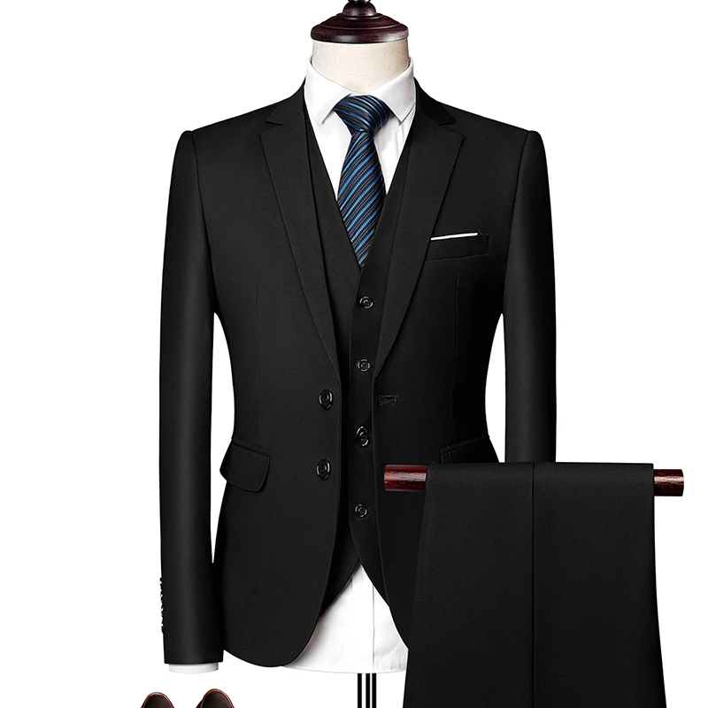 balck 3 pieces Однотонные мужские формальные костюмы Модный деловой Повседневный Банкетный мужской костюм пиджак+ жилет+ брюки размер 6XL 2/3 шт костюмы для свадьбы - Цвет: balck 3 pieces