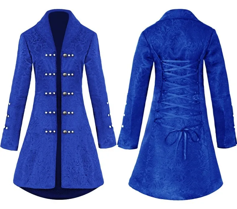 Средневековое винтажное платье женское жаккардовое платье в длинном пальто, приталенное сзади Ретро панк стиль женское пальто - Цвет: Синий