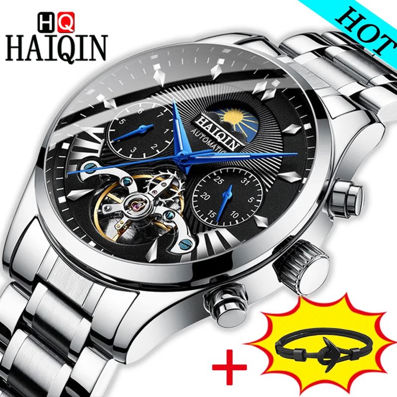 

HAIQIN Brand Men Mechanical Tourbillon Watch Casual Fashion Stainless Steel Business Chronograph Moon Phase Luxury Reloj Hombre