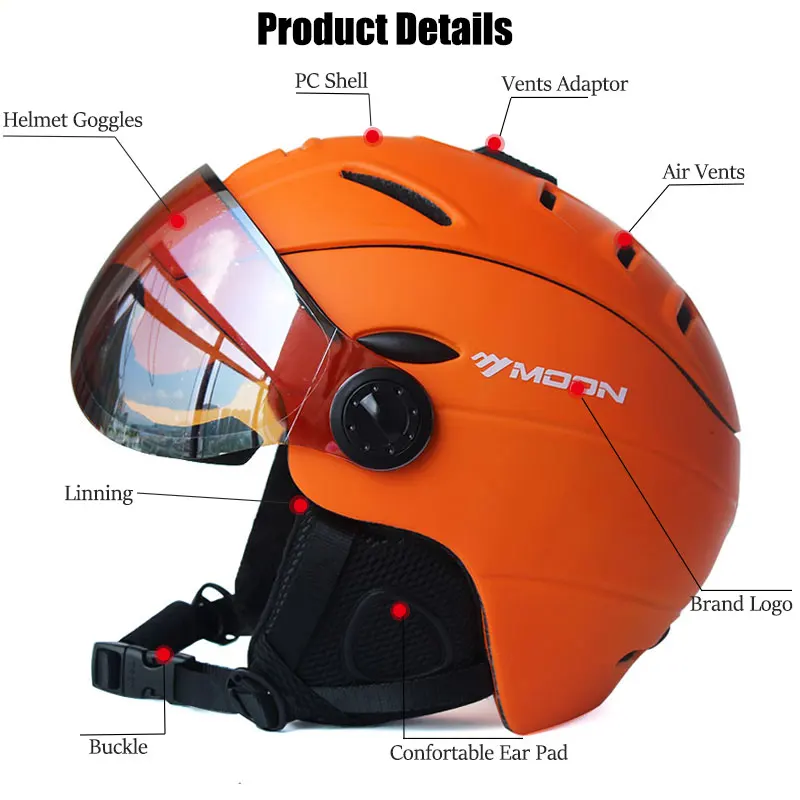 MOON 2 in 1 Half-covered Ski Helmet Integrally-molded Sports men women snow Skiing Snowboard Helmets with Goggles Visor cover